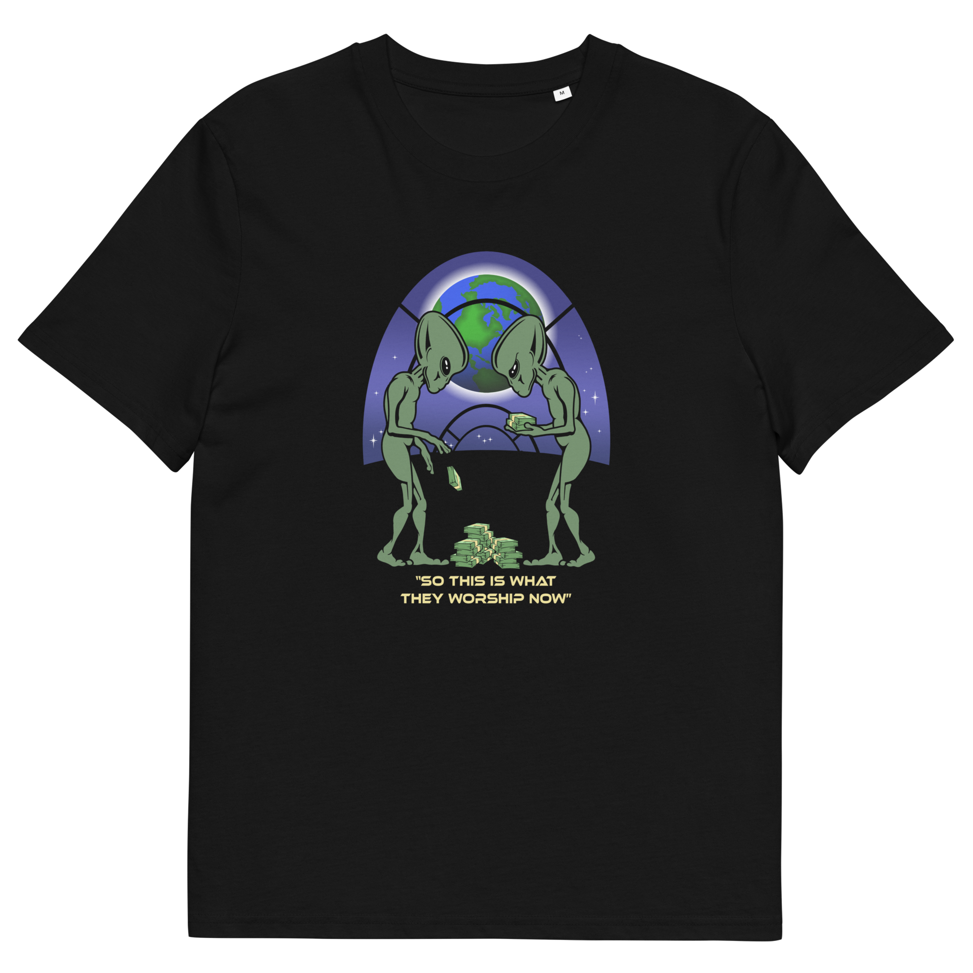 Black t shirt. This funny sci fi t shirt is for alien lovers and anti capitalist, and depicts the disappointment of a civilisation now overly obsessed with money and greed. Is it any wonder the aliens have given up on us. Made from 100% organic ring-spun cotton, this anti capitalist t shirt is unisex, high-quality, super comfy, and best of all, eco-friendly.