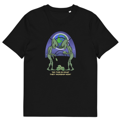 Black t shirt. This funny sci fi t shirt is for alien lovers and anti capitalist, and depicts the disappointment of a civilisation now overly obsessed with money and greed. Is it any wonder the aliens have given up on us. Made from 100% organic ring-spun cotton, this anti capitalist t shirt is unisex, high-quality, super comfy, and best of all, eco-friendly.