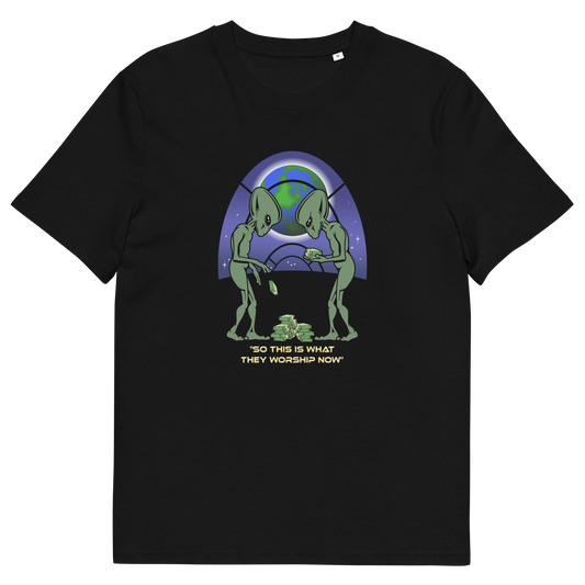 Black t shirt. This funny sci fi t shirt is for alien lovers and anti capitalist, and depicts the disappointment of a civilisation now overly obsessed with money and greed. Is it any wonder the aliens have given up on us. Made from 100% organic ring-spun cotton, this anti capitalist t shirt is unisex, high-quality, super comfy, and best of all, eco-friendly.