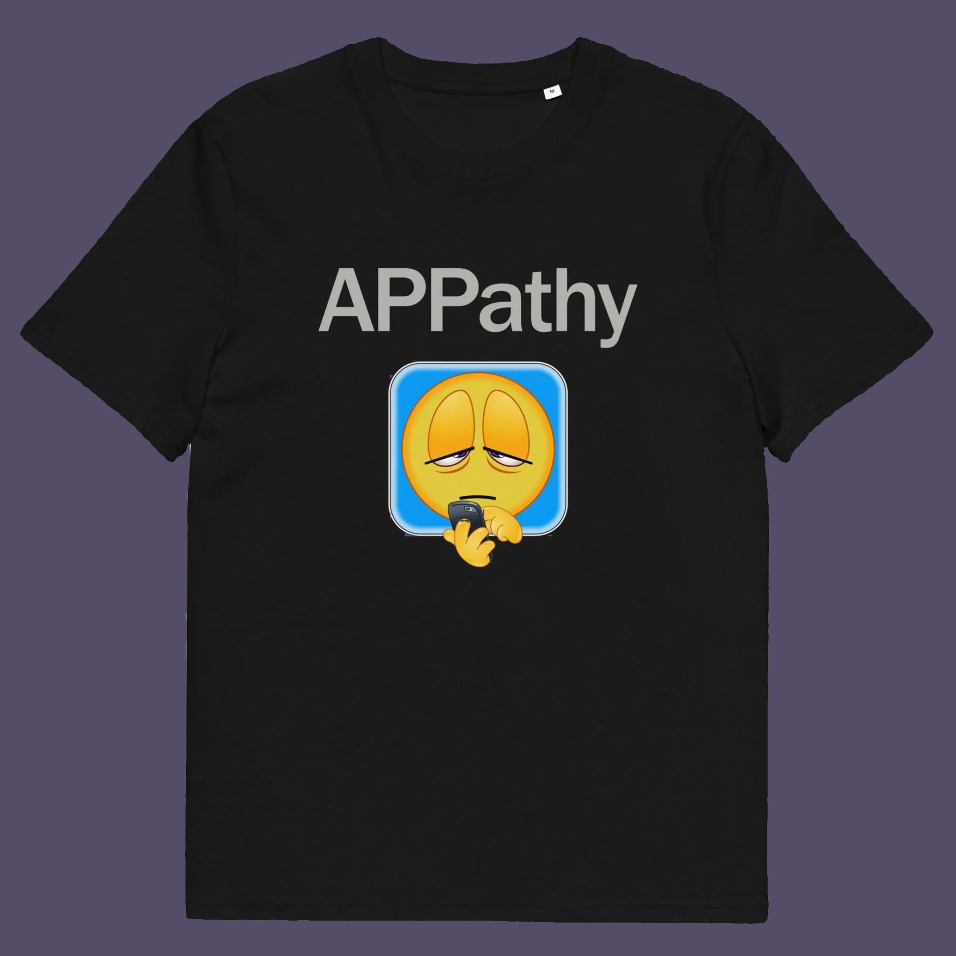 Black t shirt. This anti mobile phone abuse t shirt promotes social awareness of the amount of apps we now need in modern society. This unique emoji t-shirt design is for everyone who doesn't feel they are a child of the mobile phone. Made from 100% organic ring-spun cotton, this anti smart phone abuse t shirt is unisex, high-quality, super comfy, and best of all, eco-friendly.