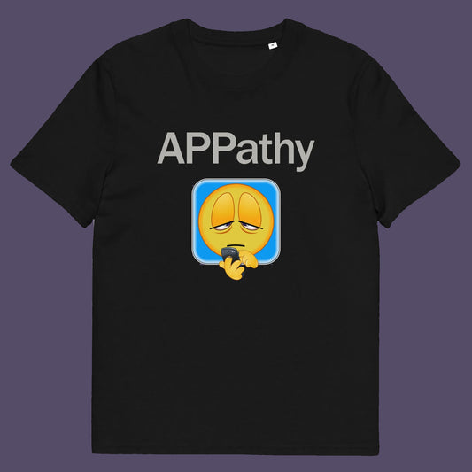 Black t shirt. This anti mobile phone abuse t shirt promotes social awareness of the amount of apps we now need in modern society. This unique emoji t-shirt design is for everyone who doesn't feel they are a child of the mobile phone. Made from 100% organic ring-spun cotton, this anti smart phone abuse t shirt is unisex, high-quality, super comfy, and best of all, eco-friendly.