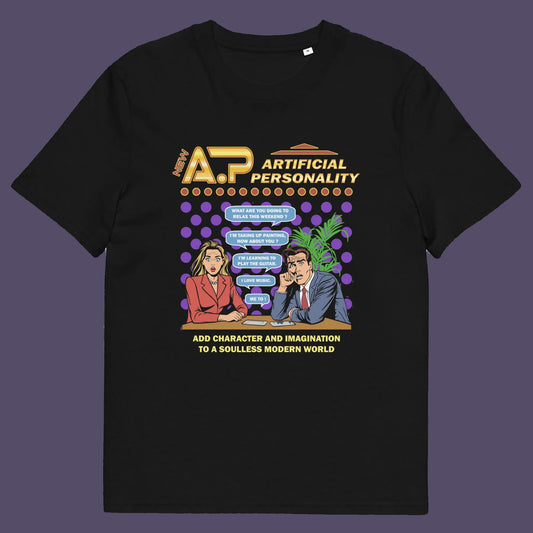 Black t shirt. This anti ai t shirt design, in a comic book pop art style, warns against artificial intelligence taking over too many aspects of our lives. In an ever increasing dependency on artificial realities, just how far will it go ? Will our personalities be artificial one day ? Satirical and worrying, funny but scary. Made from 100% organic ring-spun cotton, this anti ai t shirt is unisex, high-quality, super comfy, and best of all, eco-friendly.