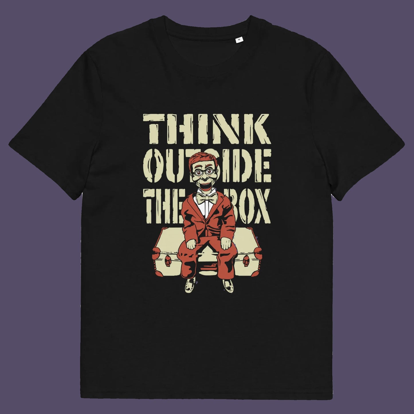Black t shirt. A think outside the box t shirt to promote diversity of thought. Trust the ventriloquist dummy to know thinking outside the box is liberating and progressive. Promote independent and creative thinking with this unique urban art design. Made from 100% organic ring-spun cotton, this counter culture t shirt is unisex, high quality, super comfy, and best of all, eco-friendly.