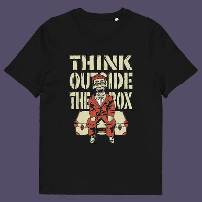 Black t shirt. A think outside the box t shirt to promote diversity of thought. Trust the ventriloquist dummy to know thinking outside the box is liberating and progressive. Promote independent and creative thinking with this unique urban art design. Made from 100% organic ring-spun cotton, this counter culture t shirt is unisex, high quality, super comfy, and best of all, eco-friendly.
