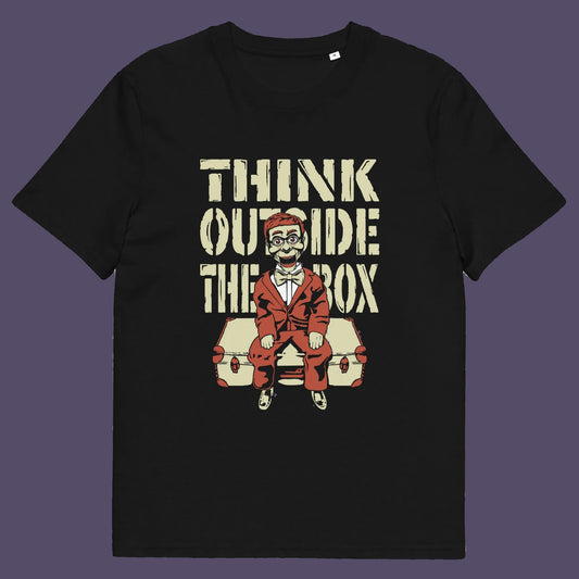 Black t shirt. A think outside the box t shirt to promote diversity of thought. Trust the ventriloquist dummy to know thinking outside the box is liberating and progressive. Promote independent and creative thinking with this unique urban art design. Made from 100% organic ring-spun cotton, this counter culture t shirt is unisex, high quality, super comfy, and best of all, eco-friendly.