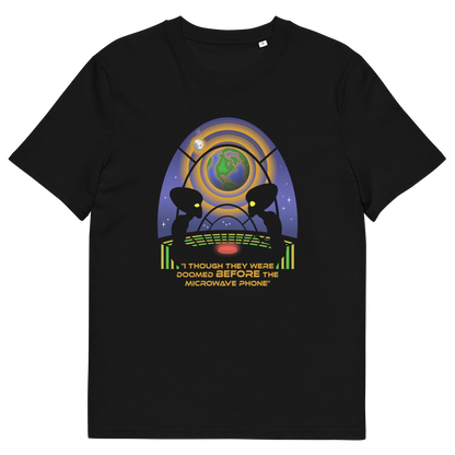 Black t shirt. A funny alien t shirt satirically exposing the dangers of microwaves. We probably seem quite masochistic from an outsiders point of view and the aliens must wonder what we are doing in the name of progression. A global warming t shirt design for alien fans. Made from 100% organic ring-spun cotton, this cool sci fi t shirt is unisex, high-quality, super comfy, and best of all, eco-friendly.