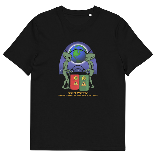 Black t shirt. A funny alien t shirt design showing a humorous view of how aliens must see us. It's universally acknowledged that humans have an obsession with shopping and buying things they don't need. Made from 100% organic ring-spun cotton, these cool sci fi t shirts are unisex, high-quality, super comfy, and best of all, eco-friendly.