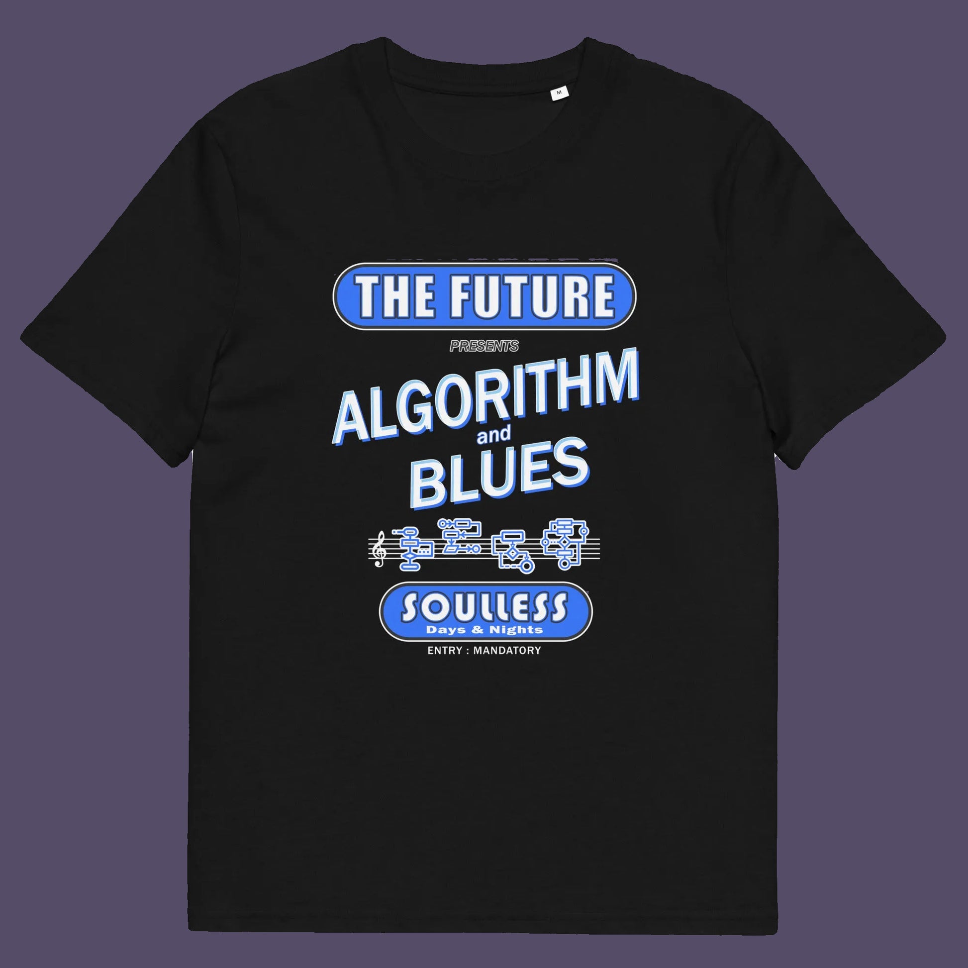Black t shirt. This sign of the times t shirt design is a play on an old music poster and an alternative view of what the future may hold in a world that is decided on algorithms. Made from 100% organic ring-spun cotton, this social awareness t shirt is unisex, high-quality, super comfy, and best of all, eco-friendly.