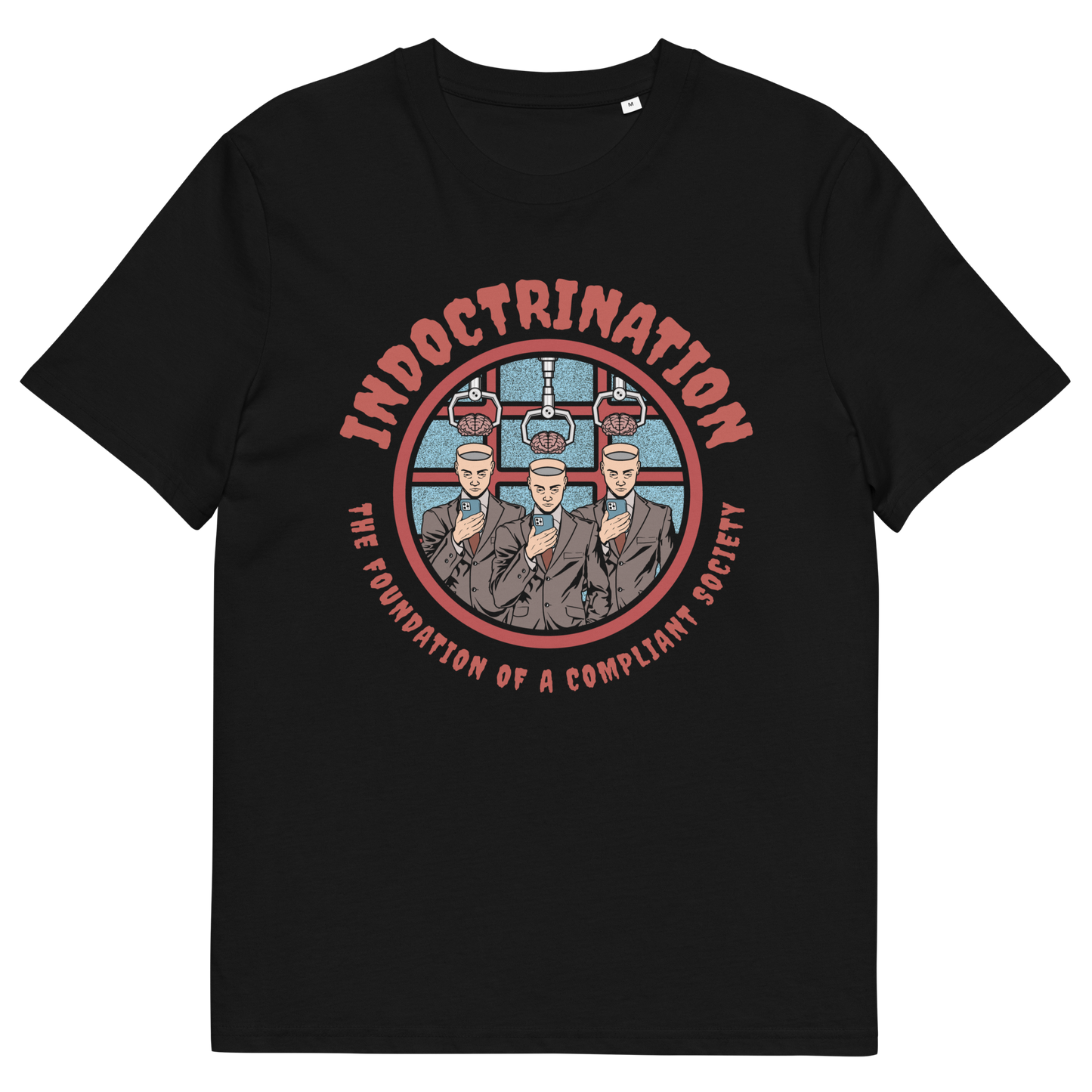 Black t shirt. A conspiracy theory t shirt exposing indoctrination as the foundation of modern society. What we believe before we realise we are being lied to shapes our lives until we take back our own opinions. Made from 100% organic ring-spun cotton, this non conformist t shirt is unisex, high quality, super comfy, and best of all, eco-friendly.