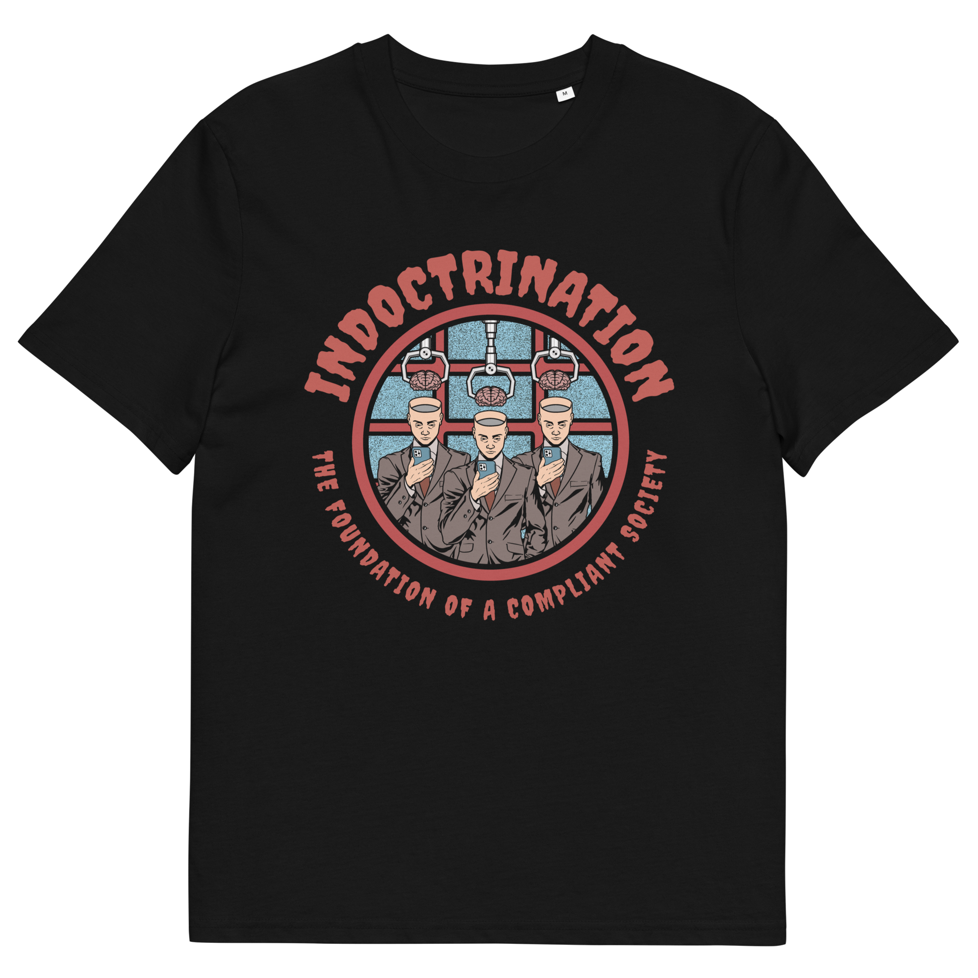 Black t shirt. A conspiracy theory t shirt exposing indoctrination as the foundation of modern society. What we believe before we realise we are being lied to shapes our lives until we take back our own opinions. Made from 100% organic ring-spun cotton, this non conformist t shirt is unisex, high quality, super comfy, and best of all, eco-friendly.