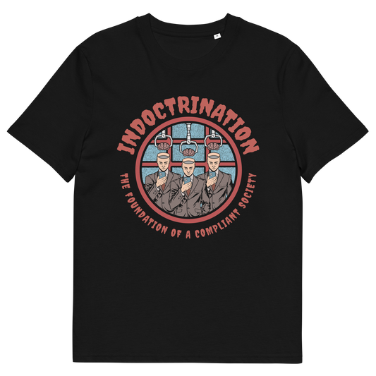 Black t shirt. A conspiracy theory t shirt exposing indoctrination as the foundation of modern society. What we believe before we realise we are being lied to shapes our lives until we take back our own opinions. Made from 100% organic ring-spun cotton, this non conformist t shirt is unisex, high quality, super comfy, and best of all, eco-friendly.