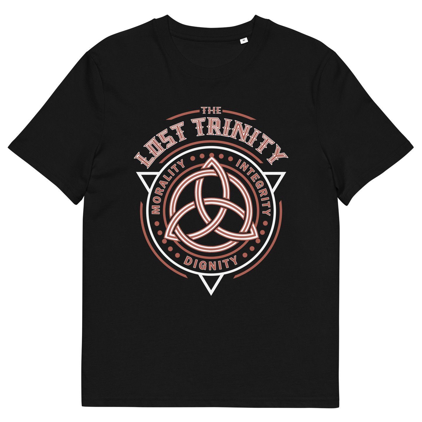 Black t shirt. A broken society t shirt reflecting a sign of the times. This unique design represents the erosion of morality in modern society and the loss of ethical thinking. As people are dehumanised and money is worshipped, is integrity a thing of the past ? Show your defiance with this original 'Lost Trinity design. Made from 100% organic ring-spun cotton, this counter culture t shirt is unisex, high quality, super comfy, and best of all, eco-friendly.
