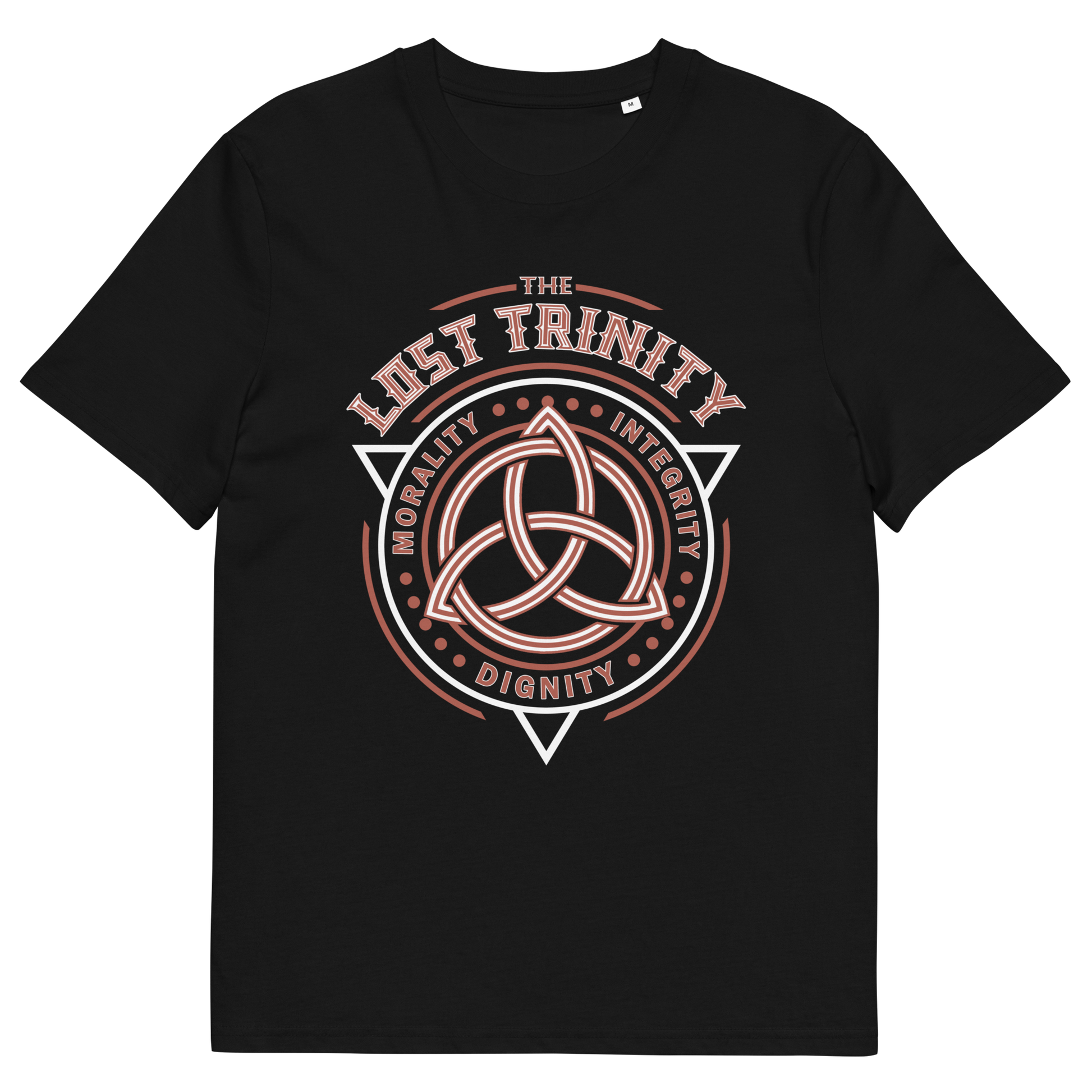 Black t shirt. A broken society t shirt reflecting a sign of the times. This unique design represents the erosion of morality in modern society and the loss of ethical thinking. As people are dehumanised and money is worshipped, is integrity a thing of the past ? Show your defiance with this original 'Lost Trinity design. Made from 100% organic ring-spun cotton, this counter culture t shirt is unisex, high quality, super comfy, and best of all, eco-friendly.