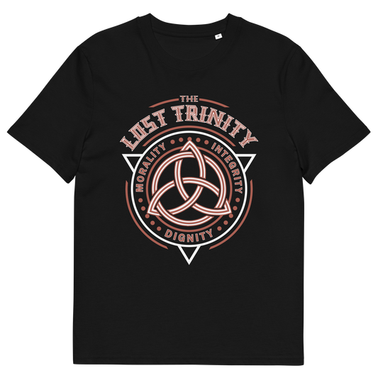 Black t shirt. A broken society t shirt reflecting a sign of the times. This unique design represents the erosion of morality in modern society and the loss of ethical thinking. As people are dehumanised and money is worshipped, is integrity a thing of the past ? Show your defiance with this original 'Lost Trinity design. Made from 100% organic ring-spun cotton, this counter culture t shirt is unisex, high quality, super comfy, and best of all, eco-friendly.