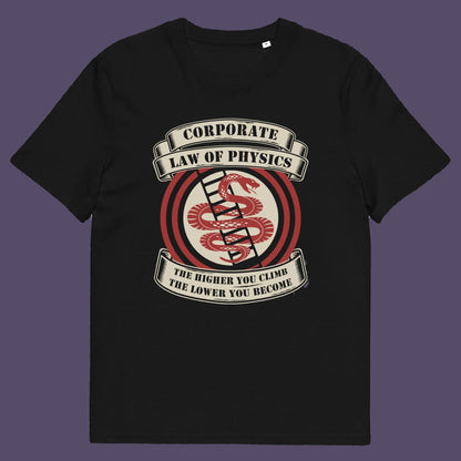 Black t shirt. A satirical anti corporate t shirt depicting big business as heartless and lacking in morality. In the ever increasing cut throat environment of corporate business it appears that the less integrity you have the more successful you will be. Made from 100% organic ring-spun cotton, this broken society t shirt is unisex, high quality, super comfy, and best of all, eco-friendly.