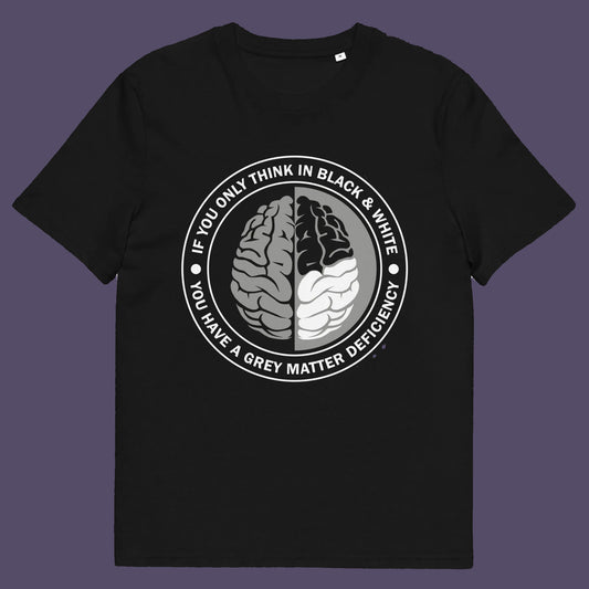 Black t shirt. A stencil art t shirt design. It would be so easy if life was black and white, but it's the grey area where all the thinking and personal growth is done. A philosophy t shirt design for people who see the detail and can think outside the box. Made from 100% organic ring-spun cotton, this social awareness t shirt is unisex, high-quality, super comfy, and best of all, eco-friendly.