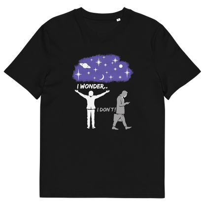 Black t shirt. This anti mobile phone abuse t shirt light heartedly pokes fun at people who never look up from their phone. If you believe letting a machine do most of your thinking for you will dull your imagination, this satirical design is for you. Made from 100% organic ring-spun cotton, these anti mobile phone abuse t shirts are unisex, high quality, super comfy, and best of all, eco-friendly.