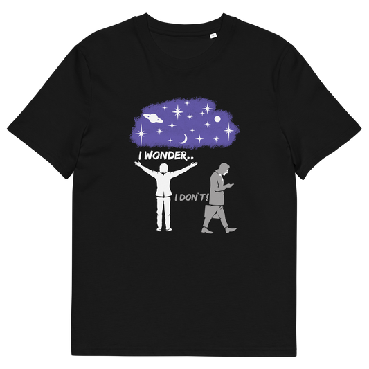 Black t shirt. This anti mobile phone abuse t shirt light heartedly pokes fun at people who never look up from their phone. If you believe letting a machine do most of your thinking for you will dull your imagination, this satirical design is for you. Made from 100% organic ring-spun cotton, these anti mobile phone abuse t shirts are unisex, high quality, super comfy, and best of all, eco-friendly.