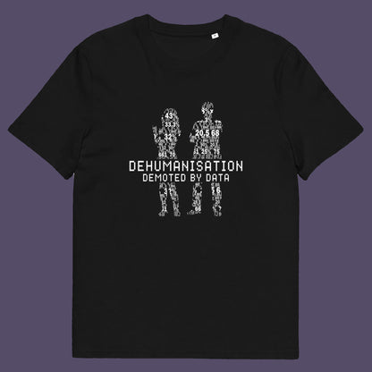 Black t shirt. This broken society t shirt depicts the dehumanisation of the species by analysis and data collection. The more we view each other as statistics and numbers the further we move away from compassion and empathy. This design highlights the dark side of progression. Made from 100% organic ring-spun cotton, this dystopian t shirt is unisex, high-quality, super comfy, and best of all, eco-friendly.