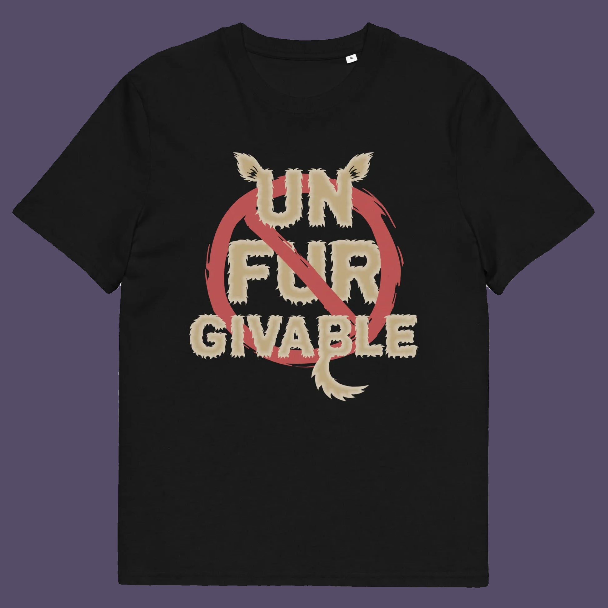 Black t shirt. This animal rights t shirt is anti fur and suggests the wearing of fur as unforgivable. Show your support against an unnecessary industry that promotes suffering and slaughter. Made from 100% organic ring-spun cotton, these animal activist t shirts are unisex, high-quality, super comfy, and best of all, eco-friendly.