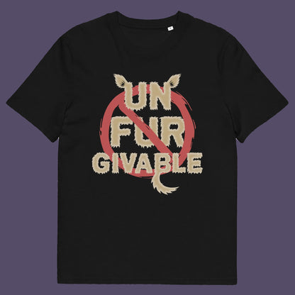 Black t shirt. This animal rights t shirt is anti fur and suggests the wearing of fur as unforgivable. Show your support against an unnecessary industry that promotes suffering and slaughter. Made from 100% organic ring-spun cotton, these animal activist t shirts are unisex, high-quality, super comfy, and best of all, eco-friendly.