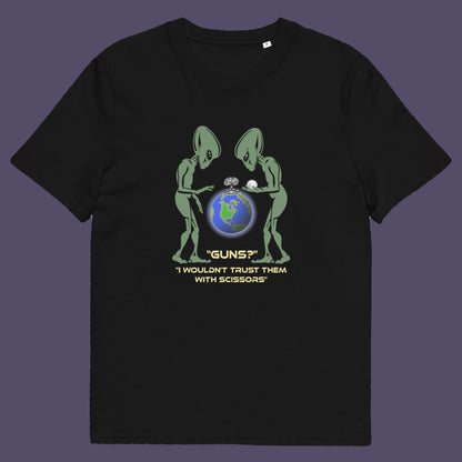 Black t shirt. This funny alien t shirt highlights our over use of weaponry. With our lust for guns we must look out of control from an alien view point. No wonder they don't openly reveal themselves to us. Made from 100% organic ring-spun cotton, this counter culture t shirt is unisex, high-quality, super comfy, and best of all, eco-friendly.