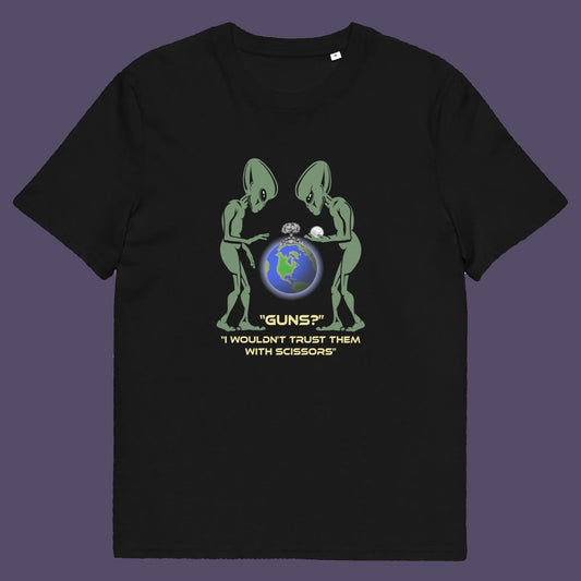 Black t shirt. This funny alien t shirt highlights our over use of weaponry. With our lust for guns we must look out of control from an alien view point. No wonder they don't openly reveal themselves to us. Made from 100% organic ring-spun cotton, this counter culture t shirt is unisex, high-quality, super comfy, and best of all, eco-friendly.