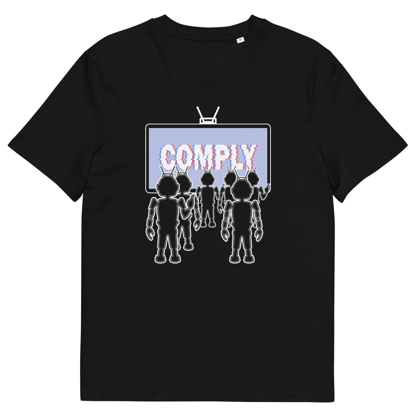 Black t shirt. A non conformist t shirt portraying mistrust for the media. This satirical design highlights the television's role in modern day manipulation and mind control. With social media now being blamed for misinformation and gaslighting, the TV is the Godfather of brainwashing. Made from 100% organic ring-spun cotton, this counter culture t shirt is unisex, high quality, super comfy, and best of all, eco-friendly.