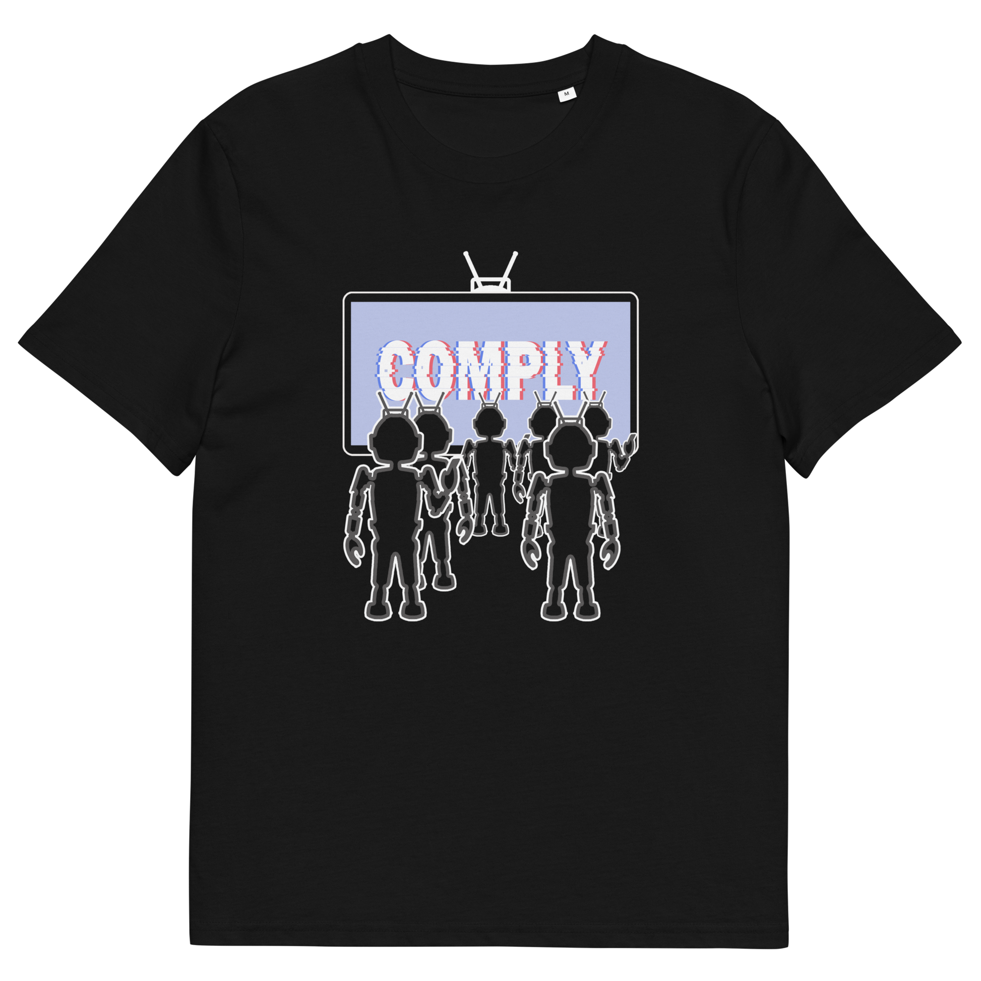 Black t shirt. A non conformist t shirt portraying mistrust for the media. This satirical design highlights the television's role in modern day manipulation and mind control. With social media now being blamed for misinformation and gaslighting, the TV is the Godfather of brainwashing. Made from 100% organic ring-spun cotton, this counter culture t shirt is unisex, high quality, super comfy, and best of all, eco-friendly.