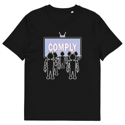 Black t shirt. A non conformist t shirt portraying mistrust for the media. This satirical design highlights the television's role in modern day manipulation and mind control. With social media now being blamed for misinformation and gaslighting, the TV is the Godfather of brainwashing. Made from 100% organic ring-spun cotton, this counter culture t shirt is unisex, high quality, super comfy, and best of all, eco-friendly.