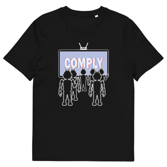 Black t shirt. A non conformist t shirt portraying mistrust for the media. This satirical design highlights the television's role in modern day manipulation and mind control. With social media now being blamed for misinformation and gaslighting, the TV is the Godfather of brainwashing. Made from 100% organic ring-spun cotton, this counter culture t shirt is unisex, high quality, super comfy, and best of all, eco-friendly.