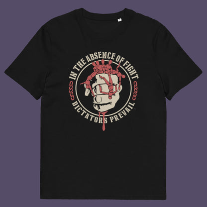 Black t shirt. This social issues t shirt plays on the saying 'In the absence of light, darkness prevails' with a political message encouraging people to put their apathy and denial aside and fight for their rights before they are taken advantage of. Made from 100% organic ring-spun cotton, this human rights t shirt is unisex, high-quality, super comfy, and best of all, eco-friendly.
