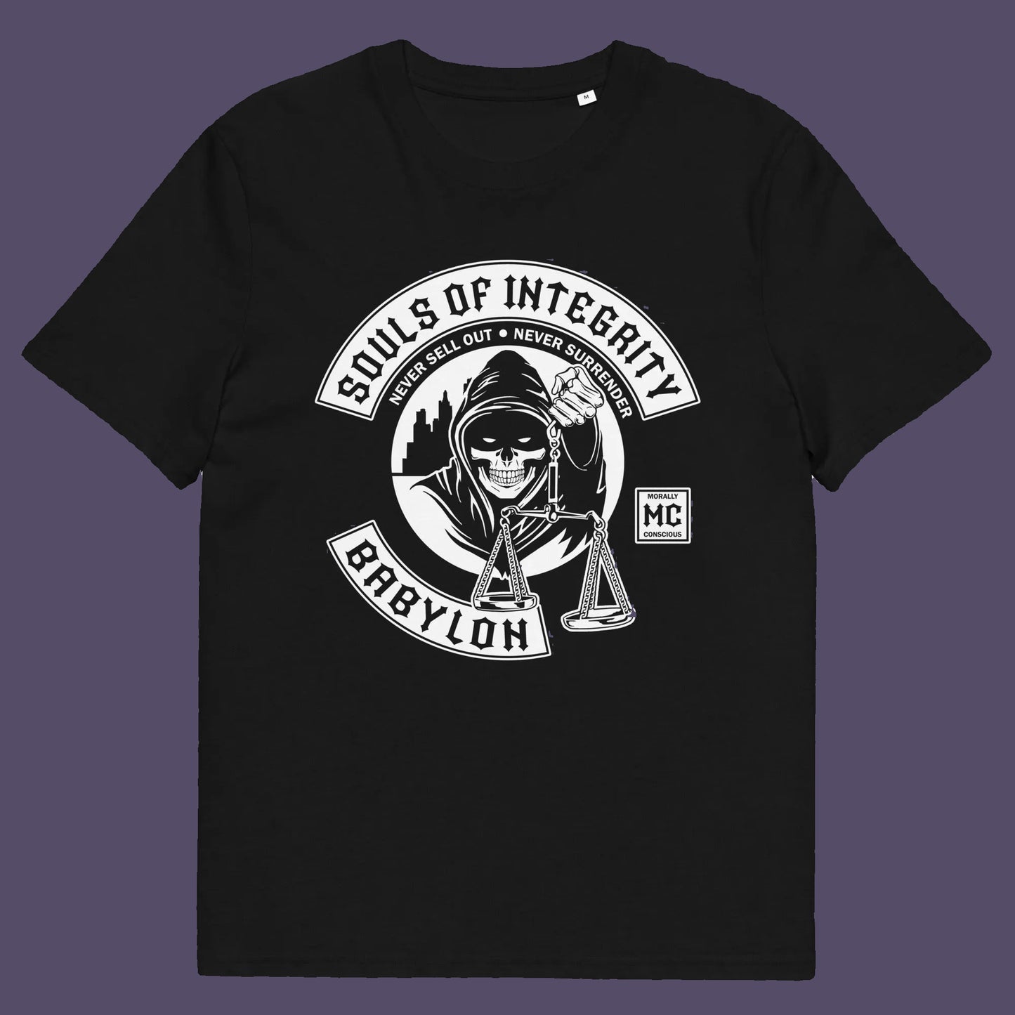 Black t shirt. A social awareness t shirt promoting ethics and morality. A spoof motorcycle club design for people who still have integrity. This design satirically representing how few people are left with a moral conscience in a corrupt world, or as the Rastafarians call it, BABYLON. Made from 100% organic ring-spun cotton, these social issues t shirts are unisex, high-quality, super comfy, and best of all, eco-friendly.