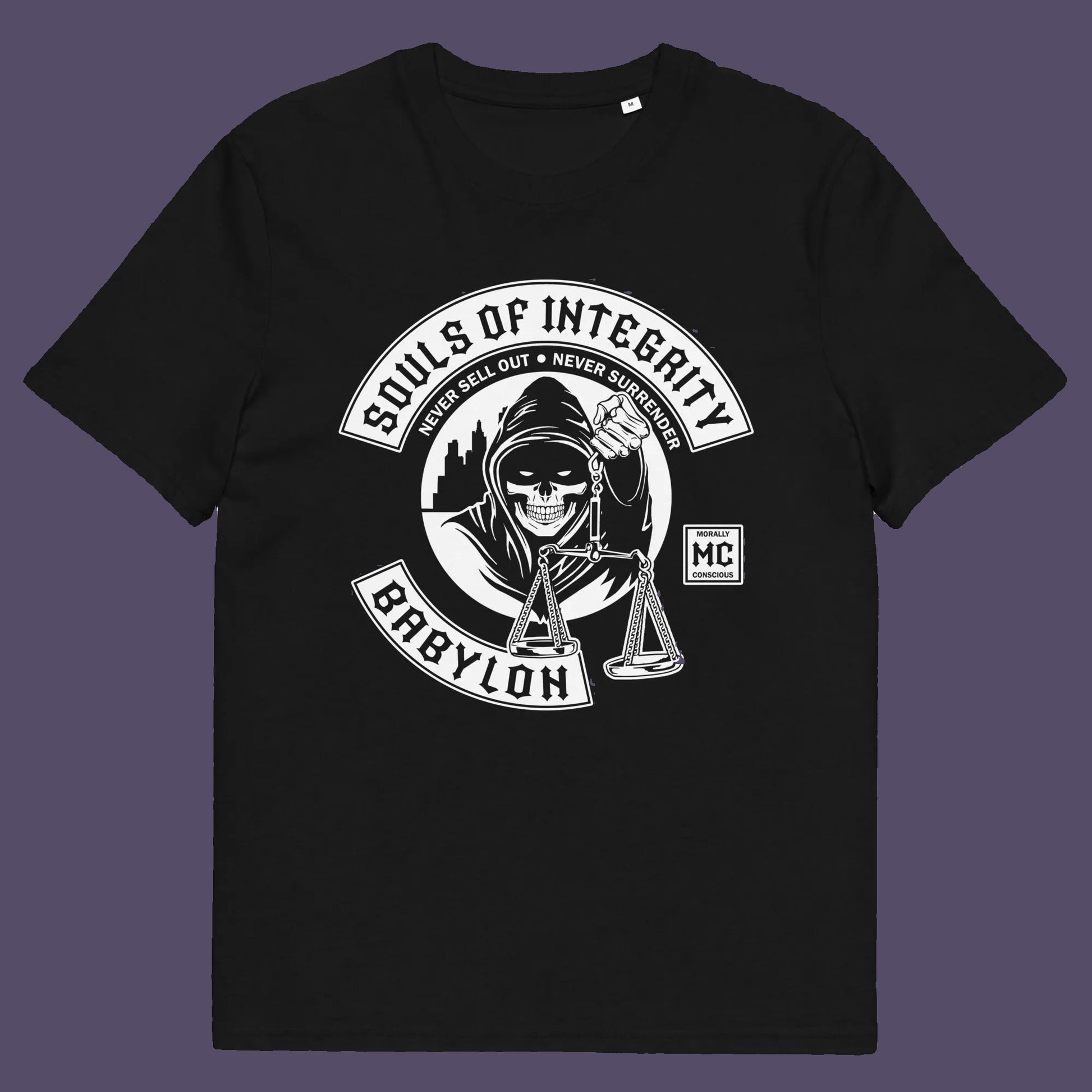 Black t shirt. A social awareness t shirt promoting ethics and morality. A spoof motorcycle club design for people who still have integrity. This design satirically representing how few people are left with a moral conscience in a corrupt world, or as the Rastafarians call it, BABYLON. Made from 100% organic ring-spun cotton, these social issues t shirts are unisex, high-quality, super comfy, and best of all, eco-friendly.