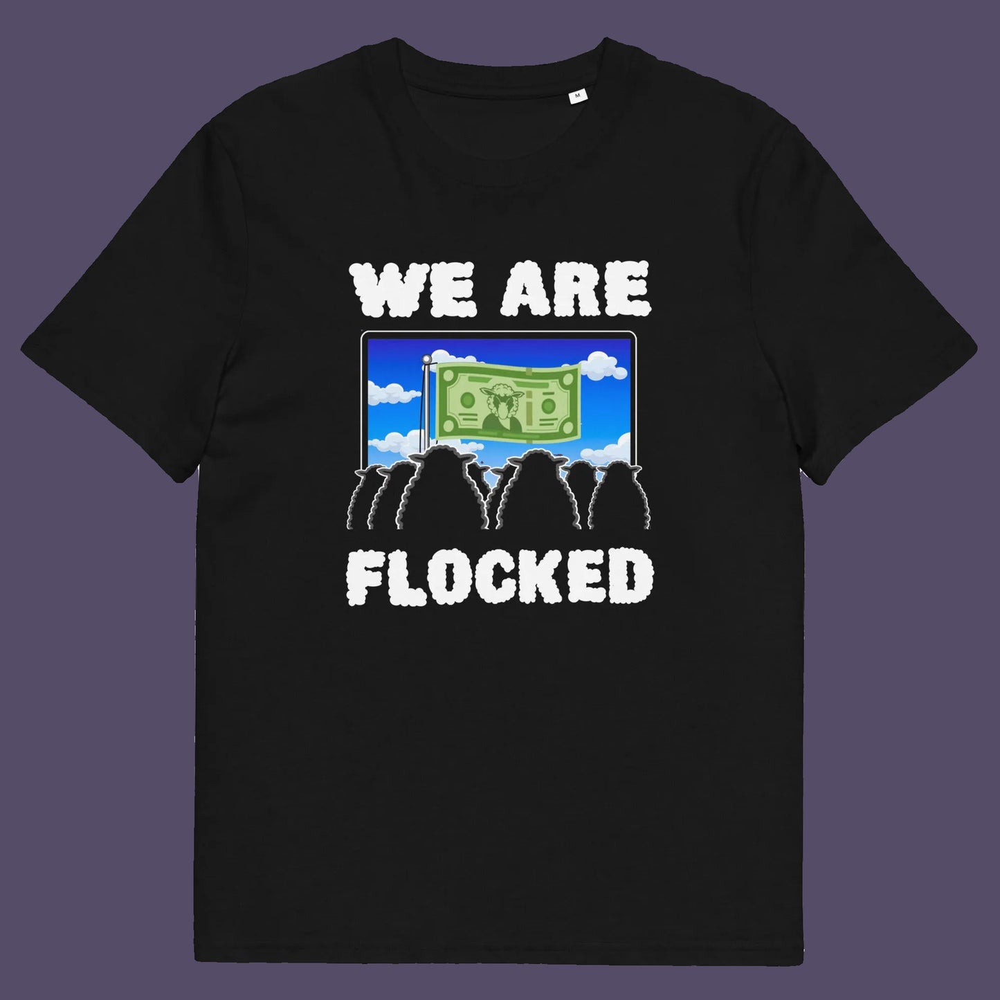 Black t shirt. A funny broken society t shirt depicting people as a flock of sheep obsessed with money and screens. This urban art design uses Satirical humour to address the direction of our society, and the main forces of attraction in it. Made from 100% organic ring-spun cotton, these social issues t shirts are unisex, high quality, super comfy, and best of all, eco-friendly.