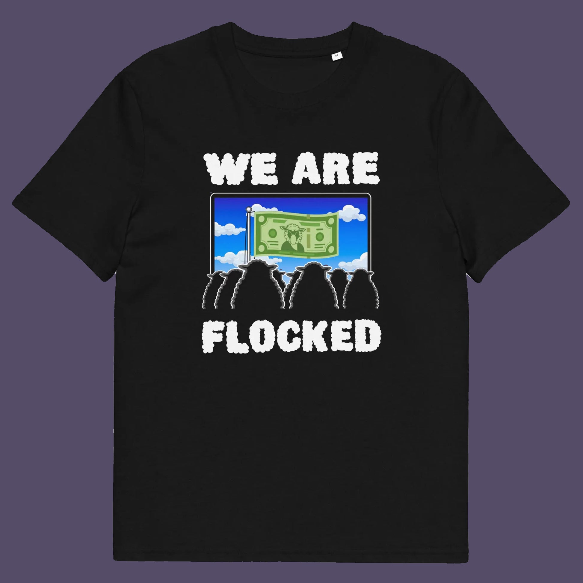 Black t shirt. A funny broken society t shirt depicting people as a flock of sheep obsessed with money and screens. This urban art design uses Satirical humour to address the direction of our society, and the main forces of attraction in it. Made from 100% organic ring-spun cotton, these social issues t shirts are unisex, high quality, super comfy, and best of all, eco-friendly.