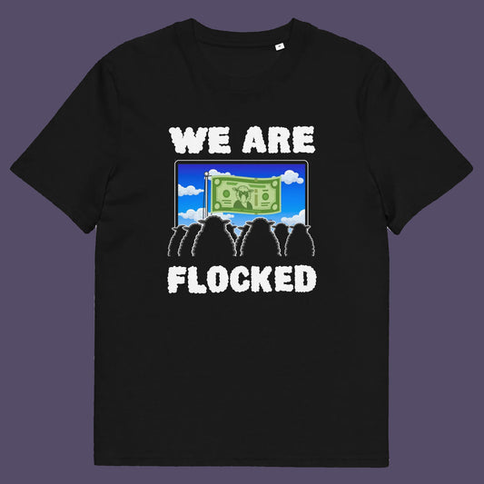 Black t shirt. A funny broken society t shirt depicting people as a flock of sheep obsessed with money and screens. This urban art design uses Satirical humour to address the direction of our society, and the main forces of attraction in it. Made from 100% organic ring-spun cotton, these social issues t shirts are unisex, high quality, super comfy, and best of all, eco-friendly.