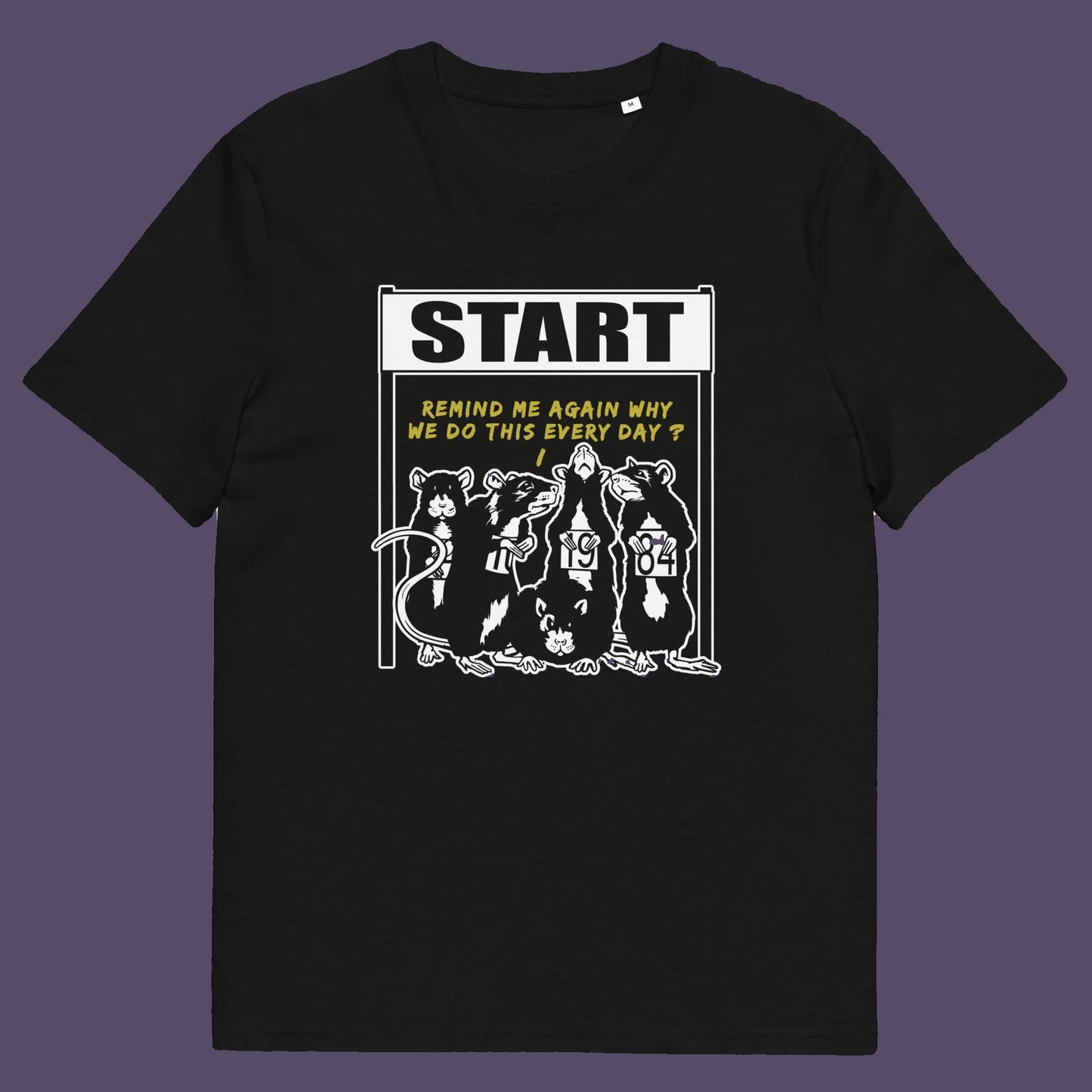 Black t shirt. This stencil graffiti t shirt represents the monotony of everyday working life. A unique satirical design for those times when life starts to feel a little repetitive, unnecessary, and questionable. Made from 100% organic ring-spun cotton, this urban art t shirt is unisex, high-quality, super comfy, and best of all, eco-friendly.