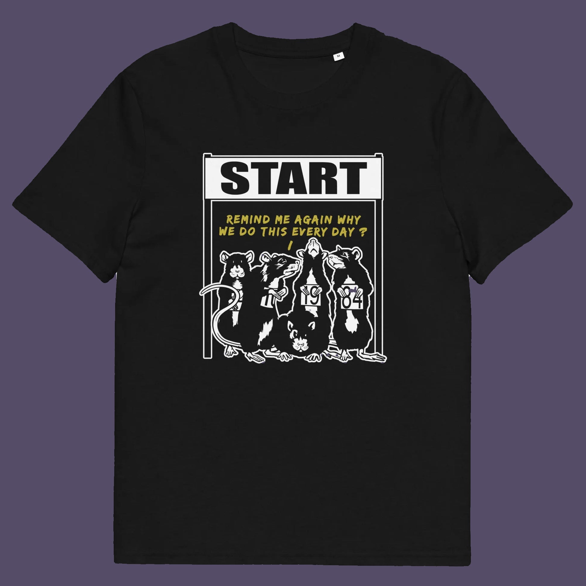 Black t shirt. This stencil graffiti t shirt represents the monotony of everyday working life. A unique satirical design for those times when life starts to feel a little repetitive, unnecessary, and questionable. Made from 100% organic ring-spun cotton, this urban art t shirt is unisex, high-quality, super comfy, and best of all, eco-friendly.
