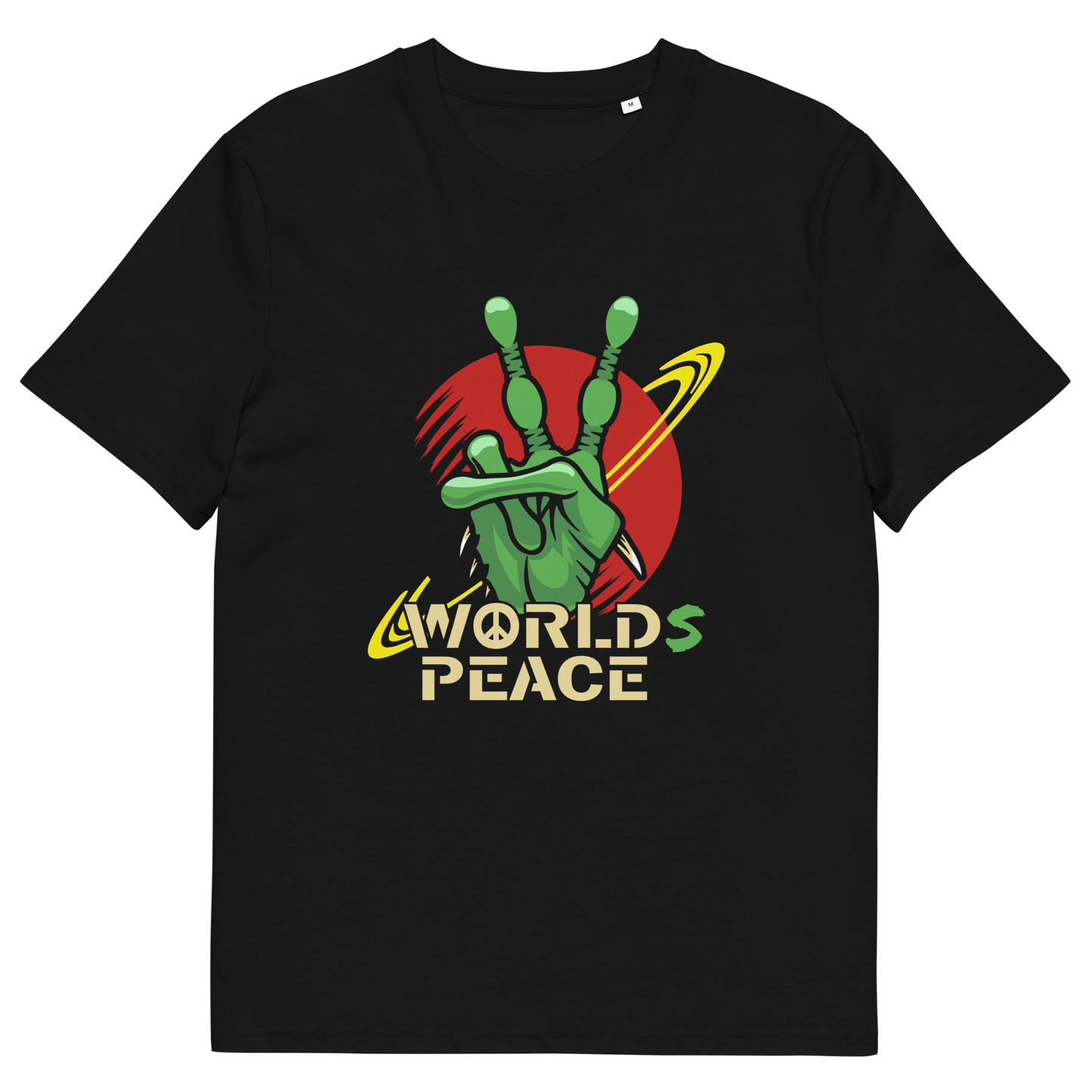 Black t shirt. A world peace t shirt with an alien lovers twist. When we think of world peace lets not be selfish about it., lets include all Worlds. Made from 100% organic ring-spun cotton, this funny alien t shirt is unisex, high-quality, super comfy, and best of all, eco-friendly.