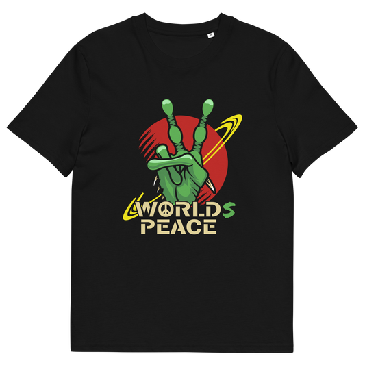 Black t shirt. A world peace t shirt with an alien lovers twist. When we think of world peace lets not be selfish about it., lets include all Worlds. Made from 100% organic ring-spun cotton, this funny alien t shirt is unisex, high-quality, super comfy, and best of all, eco-friendly.