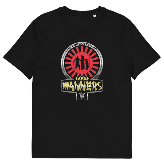 Black t shirt. A sign of the times t shirt design suggesting that good manners are dying out. A dig at modern social awareness and lack of politeness. Made from 100% organic ring-spun cotton, this social awareness t shirt is unisex, high-quality, super comfy, and best of all, eco-friendly.