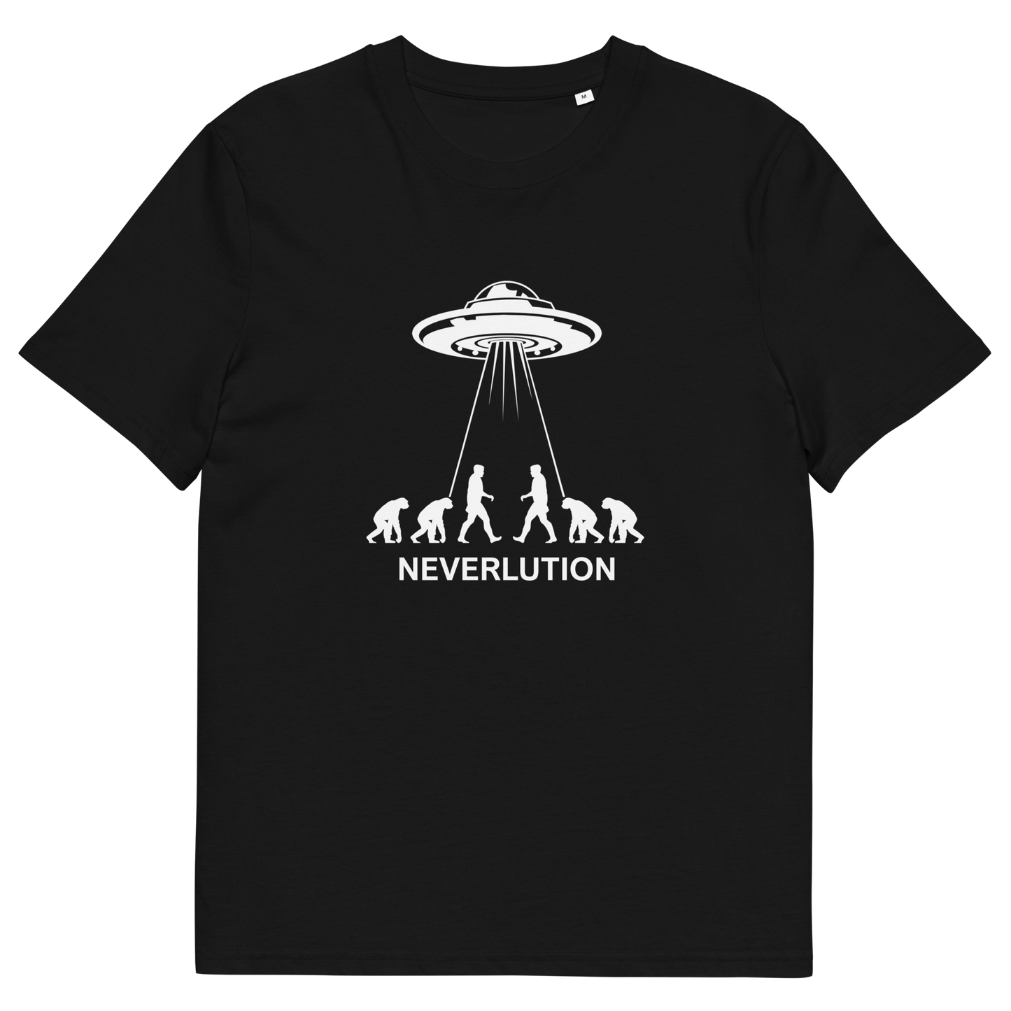 Black t shirt An alien conspiracy theory t-shirt suggesting a different path of our evolution. Did evolution never really happen the way we are told, or is there a more intergalactic and colourful answer ? Made from 100% organic ring-spun cotton, this conspiracy theory t-shirt is unisex, high-quality, super comfy, and best of all, eco-friendly.