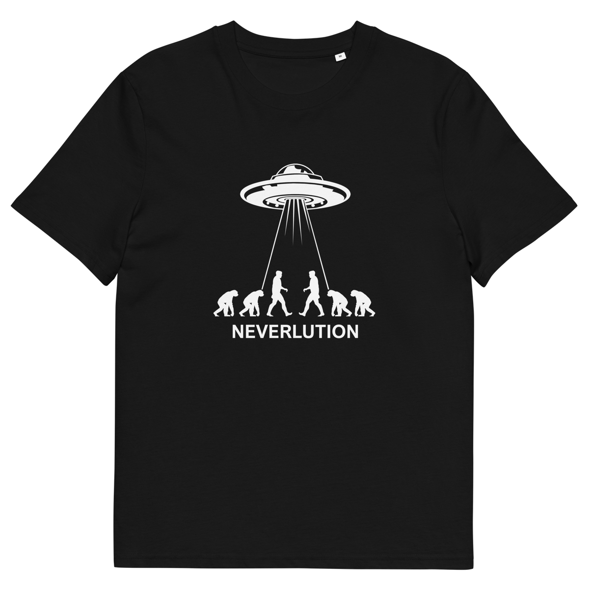 Black t shirt An alien conspiracy theory t-shirt suggesting a different path of our evolution. Did evolution never really happen the way we are told, or is there a more intergalactic and colourful answer ? Made from 100% organic ring-spun cotton, this conspiracy theory t-shirt is unisex, high-quality, super comfy, and best of all, eco-friendly.