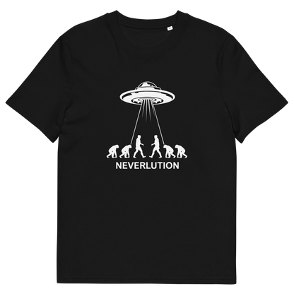 Black t shirt An alien conspiracy theory t-shirt suggesting a different path of our evolution. Did evolution never really happen the way we are told, or is there a more intergalactic and colourful answer ? Made from 100% organic ring-spun cotton, this conspiracy theory t-shirt is unisex, high-quality, super comfy, and best of all, eco-friendly.