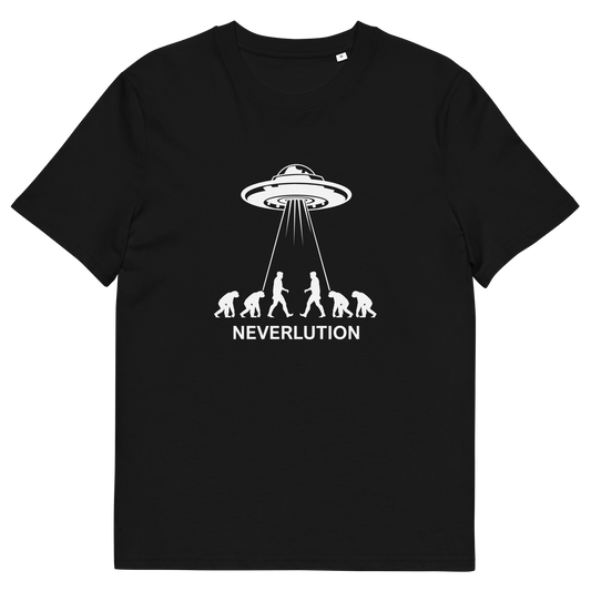 Black t shirt An alien conspiracy theory t-shirt suggesting a different path of our evolution. Did evolution never really happen the way we are told, or is there a more intergalactic and colourful answer ? Made from 100% organic ring-spun cotton, this conspiracy theory t-shirt is unisex, high-quality, super comfy, and best of all, eco-friendly.
