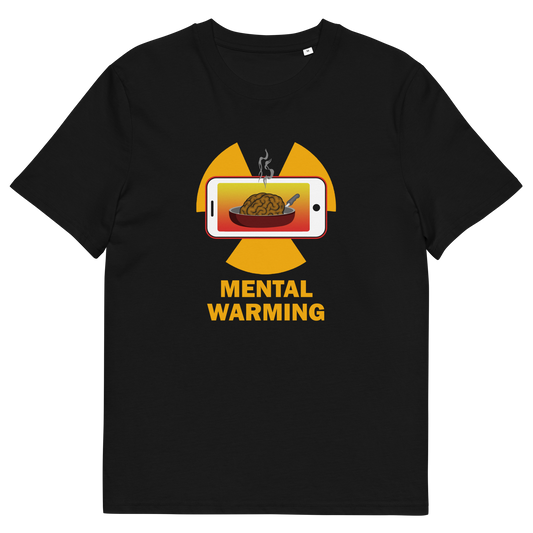 Black t shirt. A save the environment t shirt looking at the affects of microwaves on the brain. If you are worried about global warming, look at what are we doing to our minds. This anti smart phone design reminds people that environmental issues are not our only concern. Made from 100% organic ring-spun cotton, this social awareness t-shirt is unisex, high-quality, super comfy, and best of all, eco-friendly.