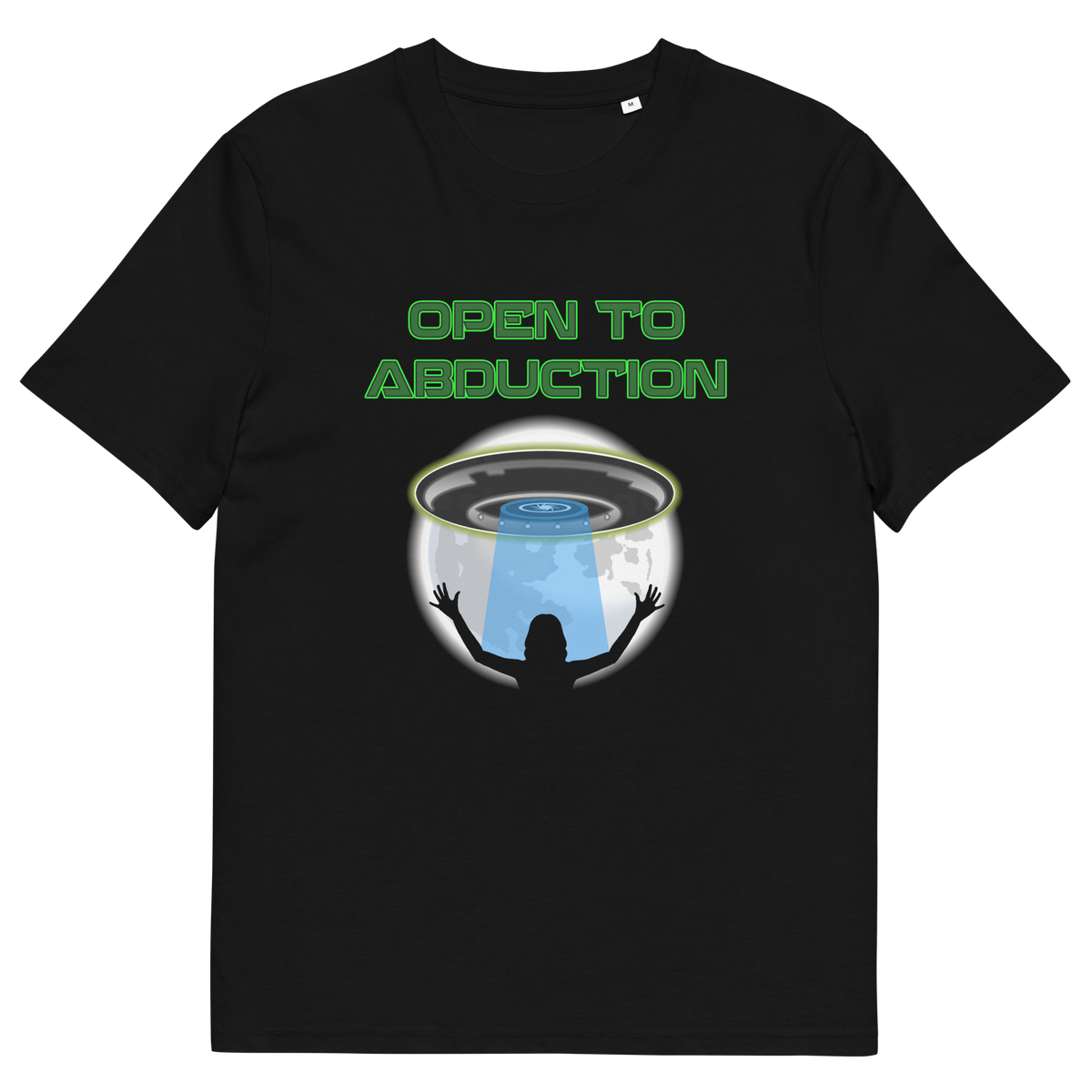 Black t shirt. A funny alien abduction t shirt design for those who feel a distance forming between them and the rest of the human race, and are not too impressed with our lack of effort to save the planet. This funny alien t shirt design is for all those who are open to hitching a lift off this rock. This design depicts a woman open to abduction. Made from 100% organic ring-spun cotton, this alien abduction t shirt is unisex, high-quality, super comfy, and best of all, eco-friendly.