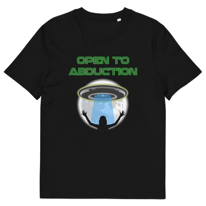 Black t shirt. A funny alien abduction t shirt design for those who feel a distance forming between them and the rest of the human race, and are not too impressed with our lack of effort to save the planet. This funny alien t shirt design is for all those who are open to hitching a lift off this rock. This design depicts a woman open to abduction. Made from 100% organic ring-spun cotton, this alien abduction t shirt is unisex, high-quality, super comfy, and best of all, eco-friendly.