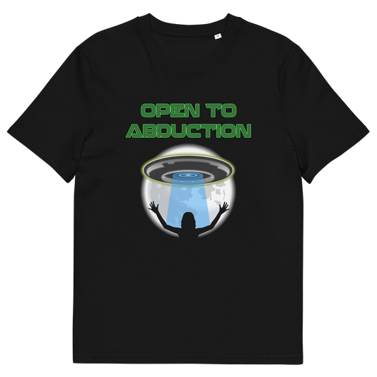 Black t shirt. A funny alien abduction t shirt design for those who feel a distance forming between them and the rest of the human race, and are not too impressed with our lack of effort to save the planet. This funny alien t shirt design is for all those who are open to hitching a lift off this rock. This design depicts a woman open to abduction. Made from 100% organic ring-spun cotton, this alien abduction t shirt is unisex, high-quality, super comfy, and best of all, eco-friendly.